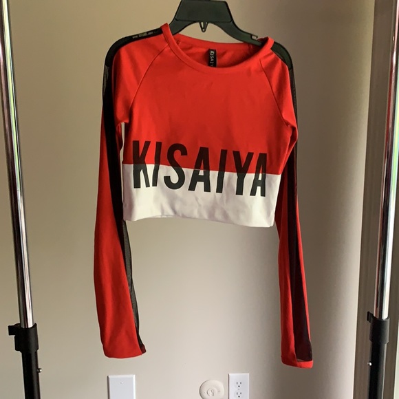 Kisaiya branded mesh sleeve color block crop top - Picture 2 of 6